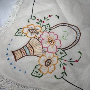Vintage Linen Cross Stitch Oval Table Floral Basket 28”x21.5” Basket Of Flowers